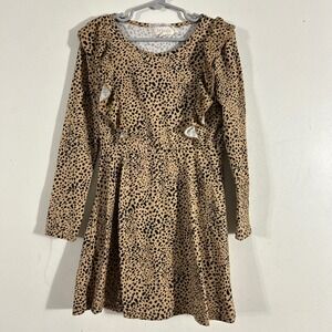 btween Cheetah Print Dress Kids Size 6 Tan Black Ruffle Long Sleeve